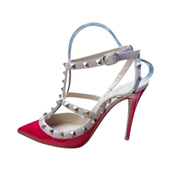 VALENTINO GARAVANI Rockstud Caged Pump EU 38 US 8 Red Patent Pointed High Heel - Picture 5 of 14